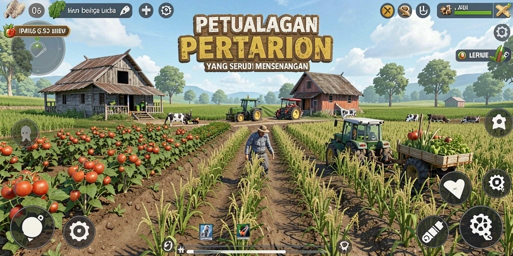 Screenshot utama FW66 menampilkan aktivitas seru bertani dan merawat hewan.