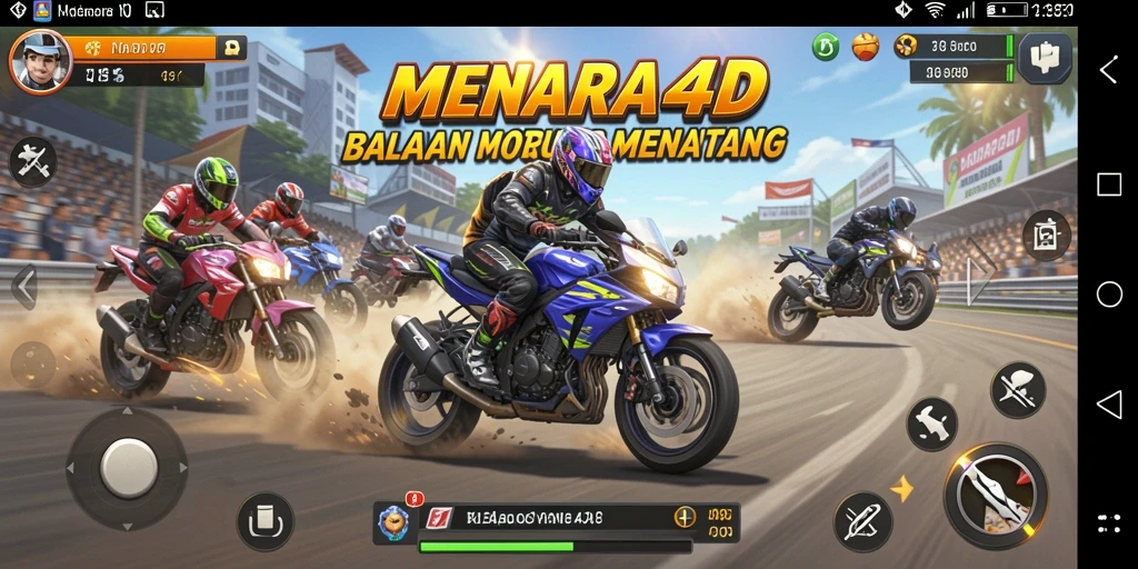 Gameplay seru di MENARA4D saat balapan motor di trek menantang.