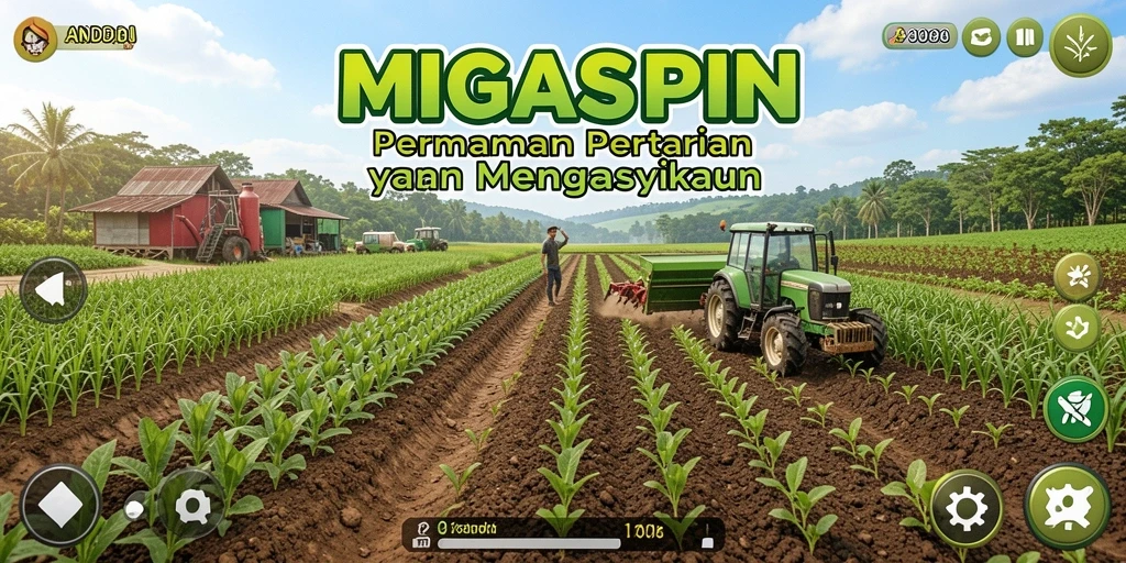 Tampilan gameplay <strong>MIGASPIN</strong> dengan suasana pertanian yang hidup dan menarik.