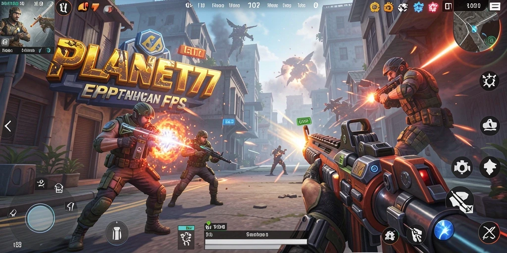 Screenshot utama PLANET77 menampilkan aksi pertarungan FPS yang mendebarkan.